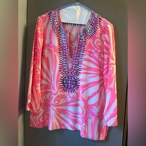 Lilly Pulitzer Hot Pink, White and Navy Silk Tunic Blouse - SMALL